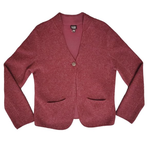 Eileen Fisher One Button Cardigan Women's Large Burgundy Lambswool Sweater A19 - Picture 1 of 9